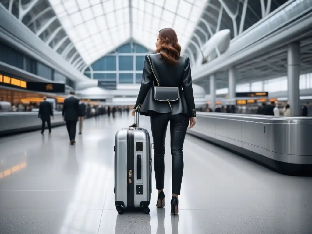 Maleta de lujo en aeropuerto elegante Maletas con estilo para viajar: Una elegante maleta plateada en un aeropuerto lleno de viajeros con estilo