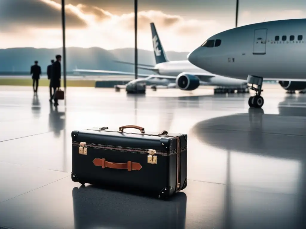 Maleta de lujo en aeropuerto: sofisticación y estilo Maletas con estilo para viajar: Una elegante maleta moderna en un bullicioso aeropuerto, iluminada por rayos de sol
