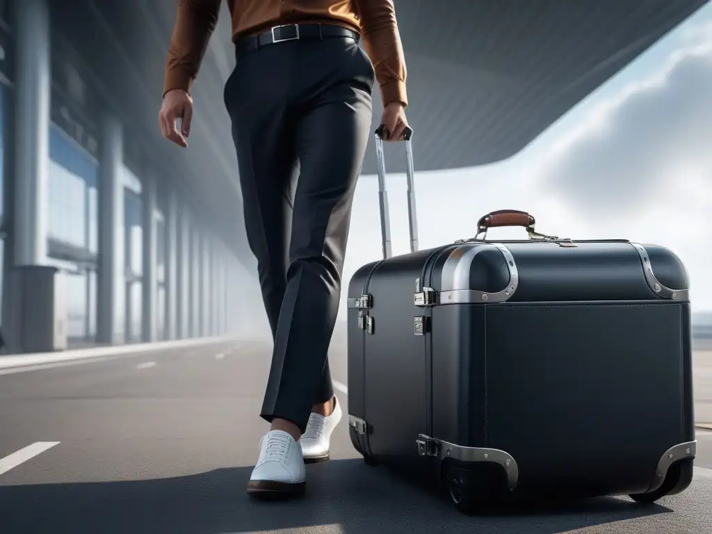 Maleta de lujo en aeropuerto: elegancia y sofisticación Maletas con estilo para viajar: Una maleta elegante en un bullicioso aeropuerto, simbolizando la sofisticación y emoción del viaje