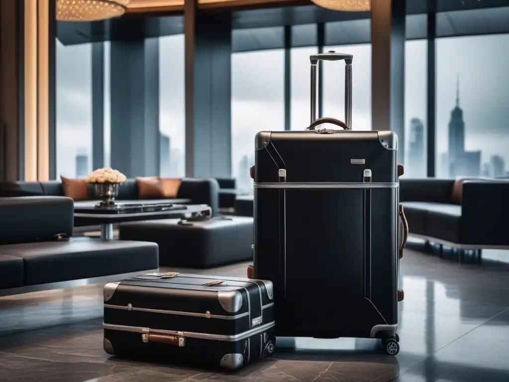 Conjunto de maletas de lujo: funcionalidad y elegancia en negro y plata Maletas de lujo en negro y plata con detalles innovadores