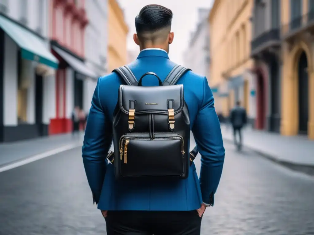 Exclusiva mochila de cuero negro de lujo en la ciudad Maletas vs Mochilas lujo elección - Elegante mochila de lujo en cuero negro con detalles dorados, en la ciudad cosmopolita
