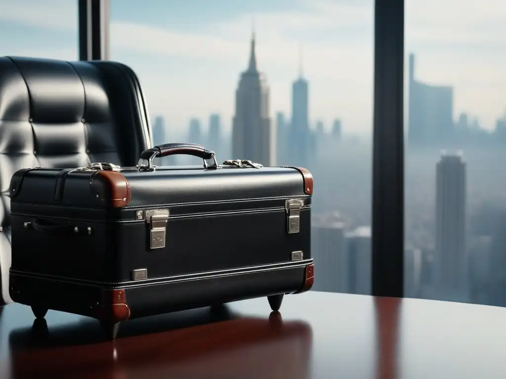 Maletín ejecutivo de cuero negro y lujo en oficina moderna Maletín de cuero negro de lujo para viajes de negocios en elegante oficina de diseño