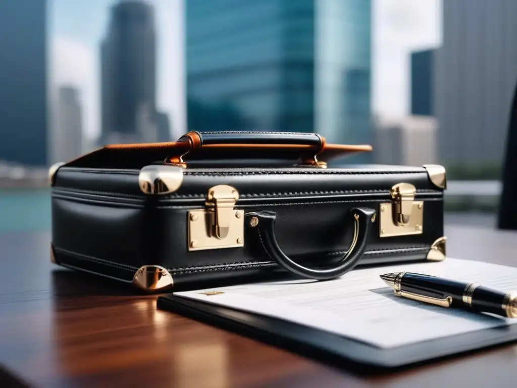 Maletín de cuero negro y accesorios de lujo en mesa de mármol Un maletín de cuero negro moderno y elegante sobre una mesa de mármol, junto a un pasaporte, gafas de sol de diseñador y una pluma de alta gama