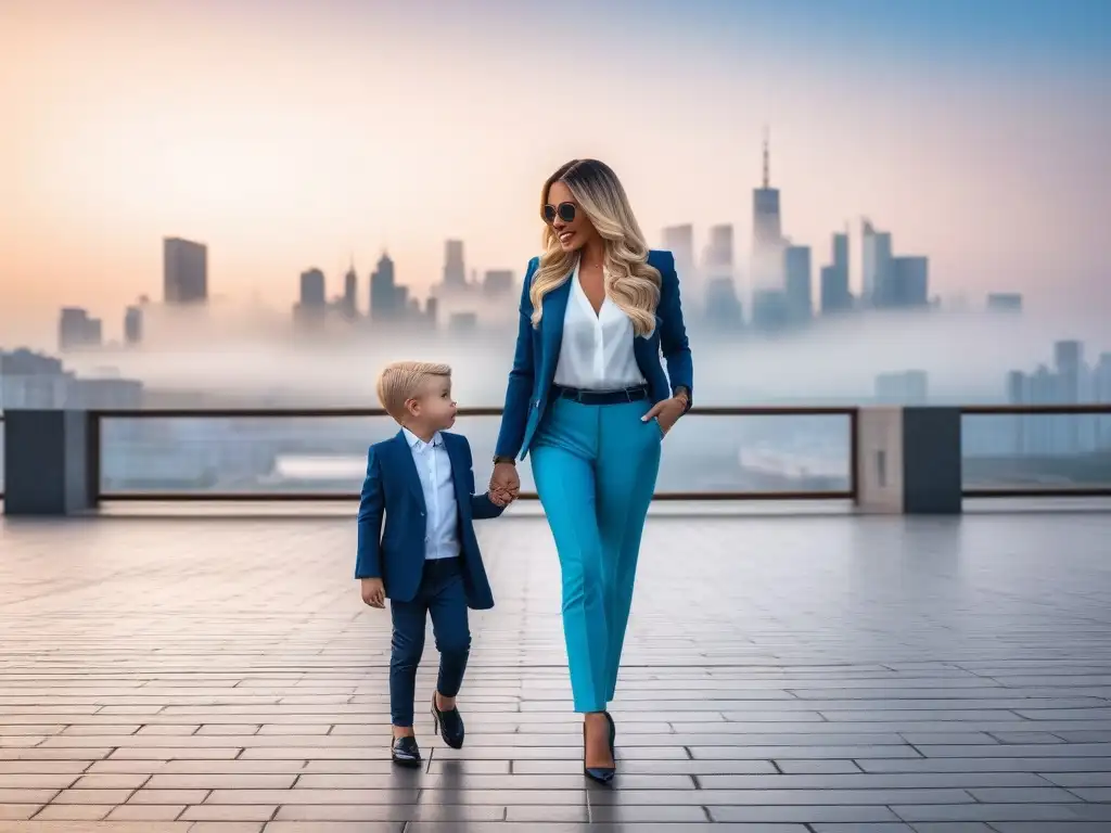 Madre moderna y chic con su hijo en ciudad elegante Una mamá moderna y chic con su hijo, combinando moda y amor en la ciudad