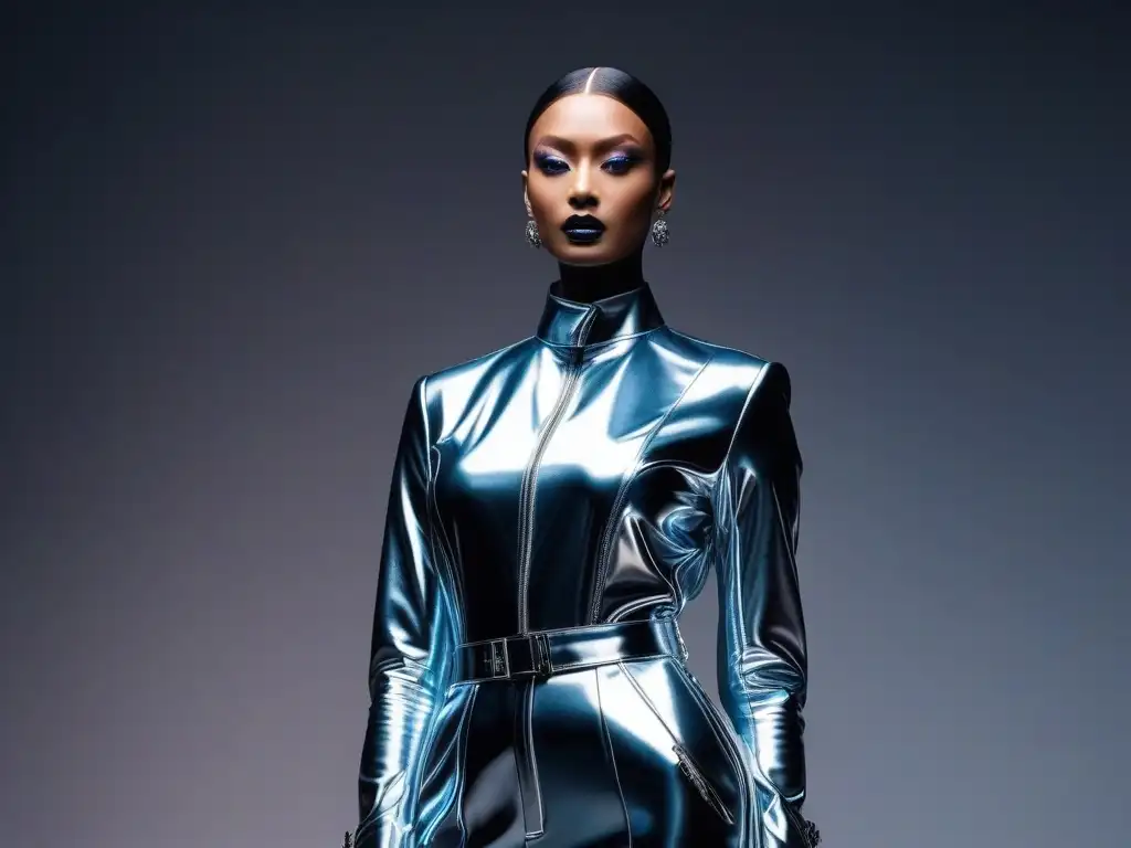 Maniquí de género neutro en exposición de moda de vanguardia Un maniquí de género neutro desafía convenciones en una exhibición de moda, rodeado de accesorios vanguardistas