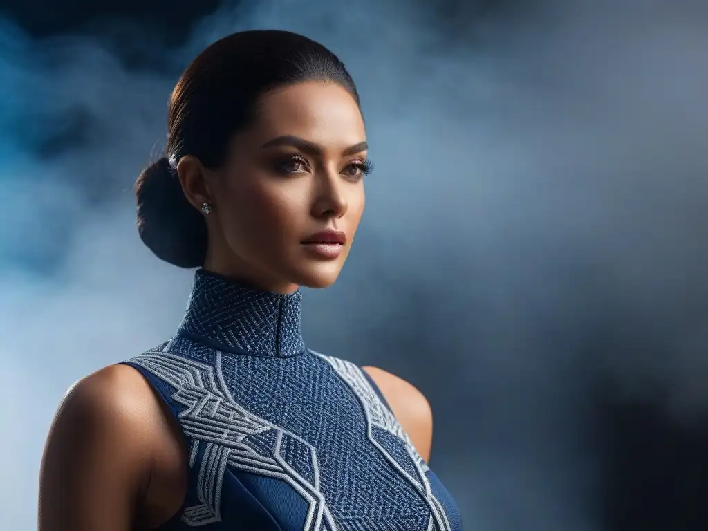 Diseño vanguardista: maniquí con vestido de tela adaptativa Maniquí moderno vestido con tejidos adaptativos realzan figura en un diseño futurista y elegante