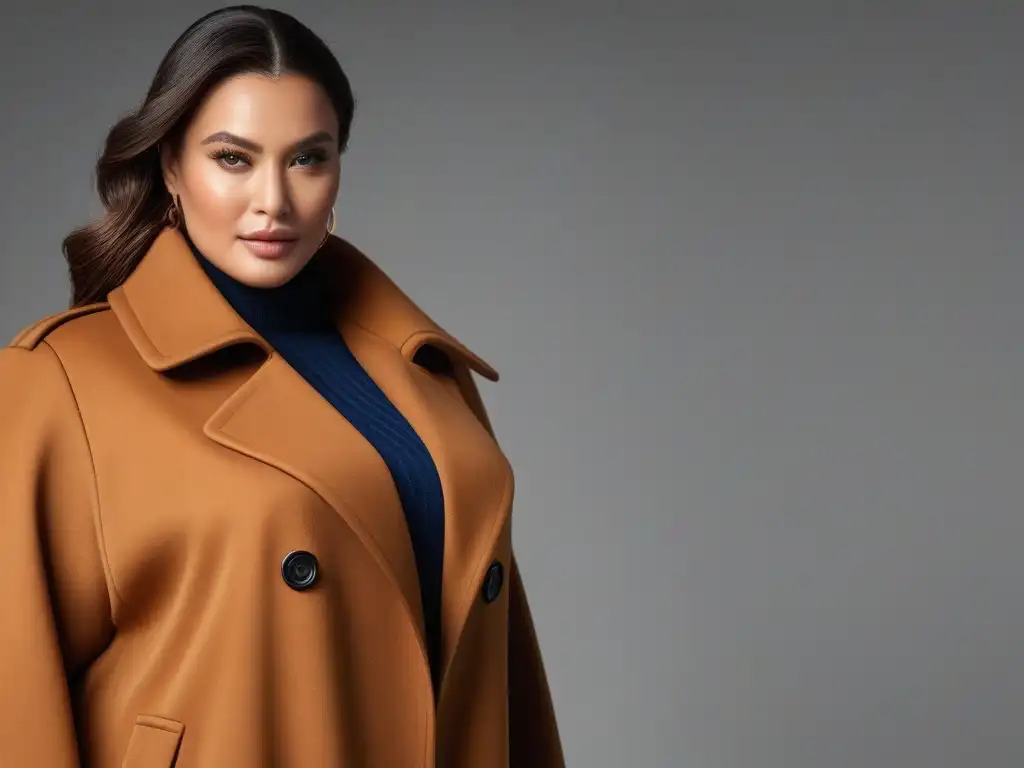 Maniquí plus size elegante con abrigo oversized en camel Un maniquí de talla grande con abrigo de moda, elegante y chic