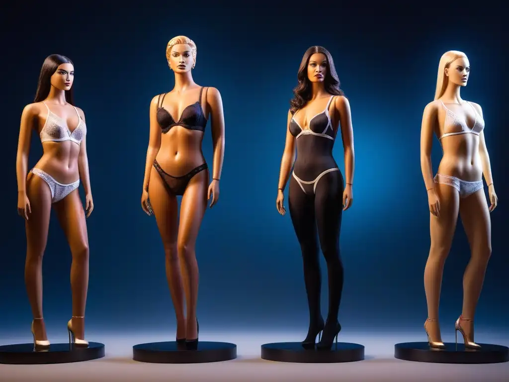 Maniquíes de lencería diversa: moda íntima inclusiva y moderna Exhibición de maniquíes diversos en moda íntima, representando la evolución en museos