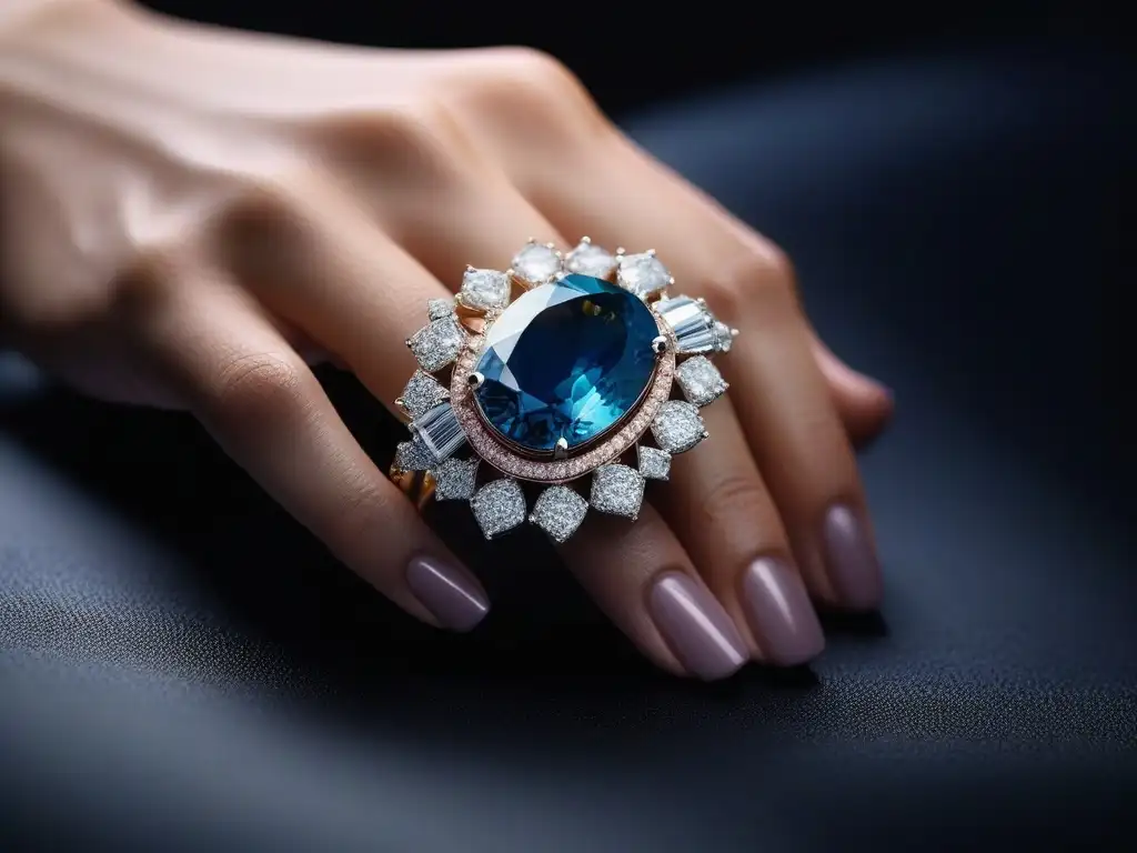 Anillo de lujo con gema rara: detalle elegante y sofisticado Una mano elegantemente decorada con un lujoso anillo de joyería para tallas especiales con una gema rara, resaltando lujo y sofisticación