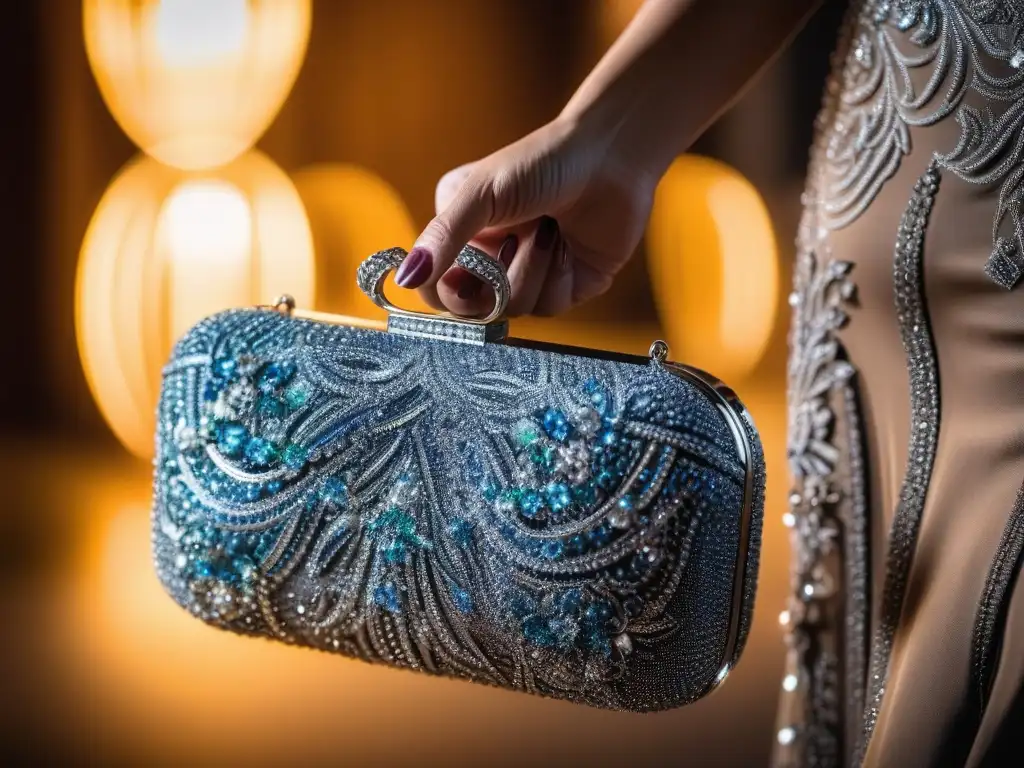 Bolso de mano con diamantes en ambiente de lujo Mano sosteniendo elegante bolso con diamantes en evento de lujo