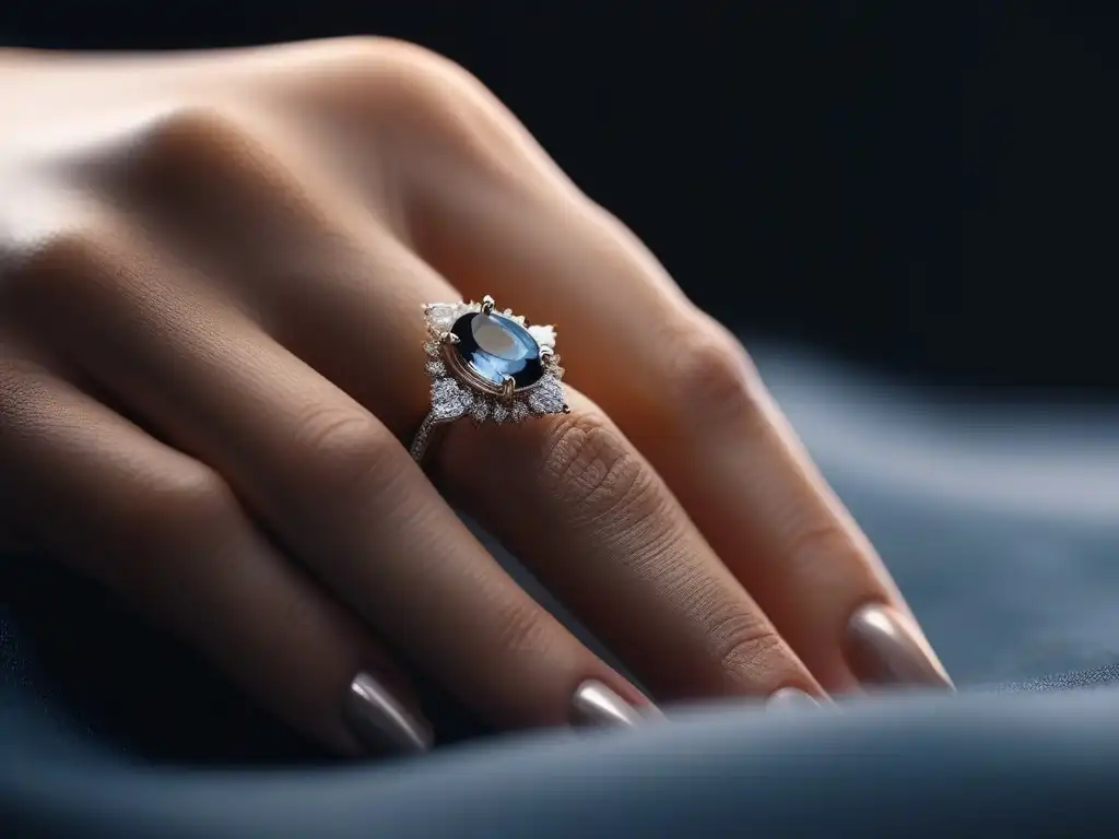 Mano delicadamente adornada con anillos de lujo y gemas brillantes Mano femenina con anillos de lujo y gemas brillantes