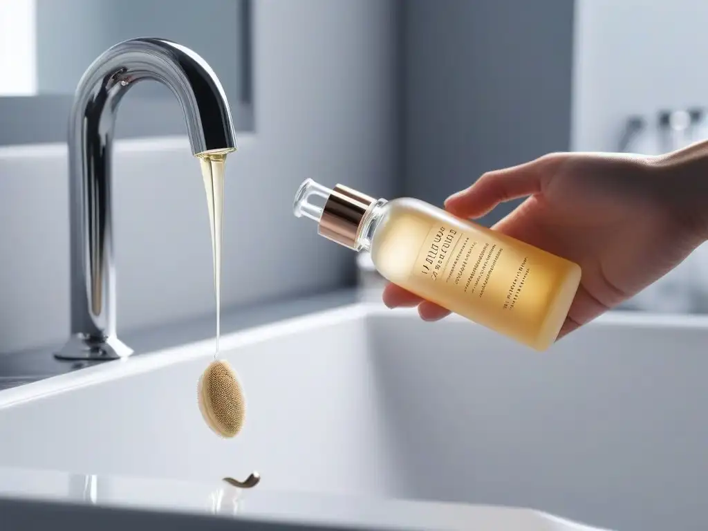 Belleza de lujo: Serum facial en mano, elegancia y sofisticación Mano sostiene lujoso suero de belleza en baño elegante