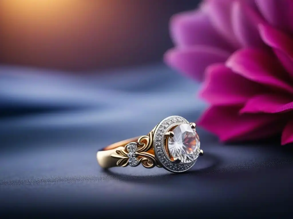 Detalle exquisito: mano de novia con anillo de diamantes Mano de novia sosteniendo anillo de boda lujoso con diamantes, detalles brillantes y diseño elegante