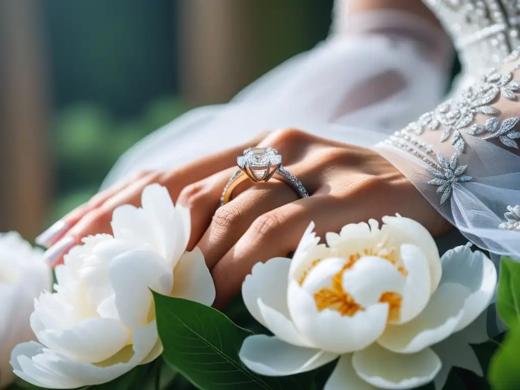 Detalle exquisito: mano de novia con anillo de diamantes y flores blancas Mano de novia sosteniendo anillo de boda lujoso con detalles y peonías blancas