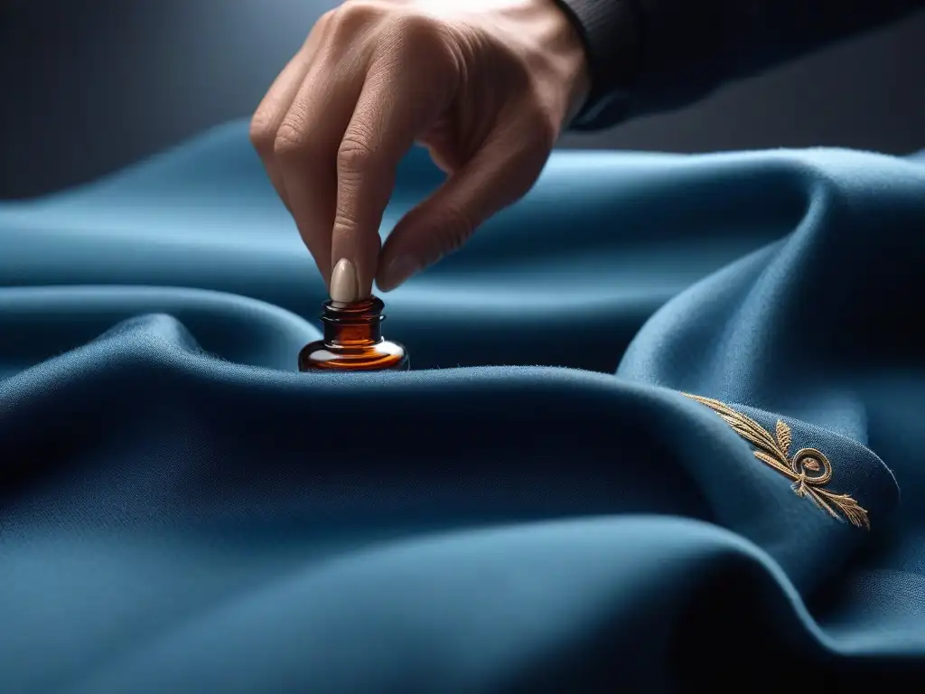 Remoción experta de manchas en ropa de alta gama Mano aplicando quitamanchas a prenda senior con cuidado, resaltando texturas y cuidado de prendas ropa senior
