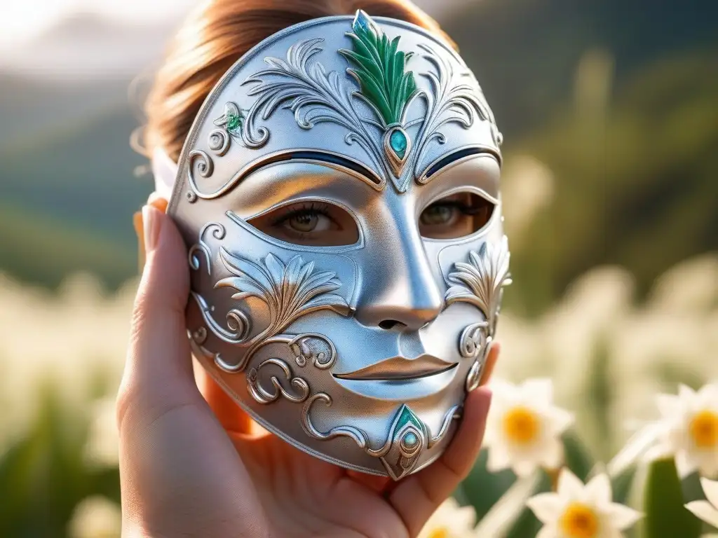 Delicada mascarilla facial blanca con aloe vera y manzanilla Una mano suave sostiene una mascarilla blanca con aloe vera y manzanilla