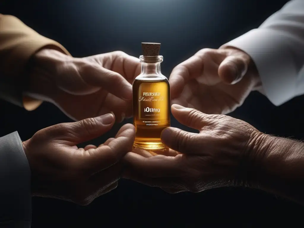 Manos diversas y lujosos aceites corporales: un retrato en detalle Manos diversas acariciando aceites corporales en botellas de vidrio, simbolizando los beneficios para la piel de todas las edades y texturas