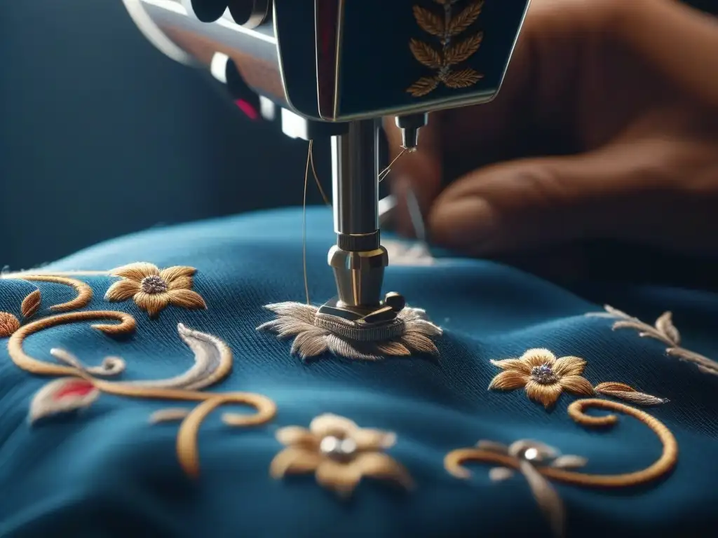 Bordado artesanal: fusionando tradición y tecnología en la moda inclusiva Manos de artesana bordando un diseño vibrante en tela texturizada, reflejando la moda inclusiva con artesanía moderna y tecnología