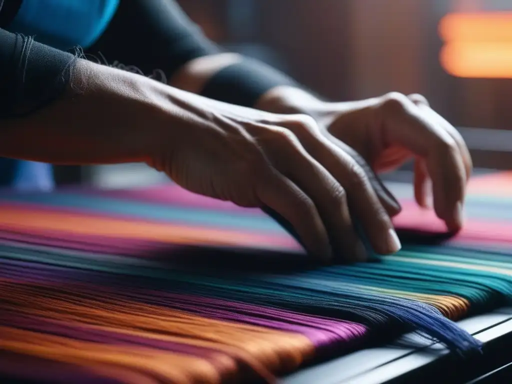 Arte textil: manos meticulosas creando tejidos adaptativos Manos de artista tejiendo con precisión hilos reciclados, innovando en moda inclusiva