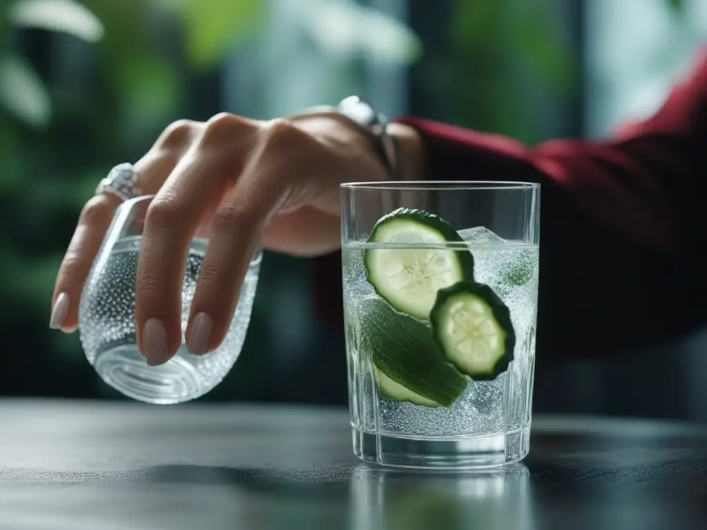 Manos de celebridad con anillos de lujo y agua de pepino Manos de celebridad con anillos de lujo en un entorno natural, sosteniendo agua de pepino