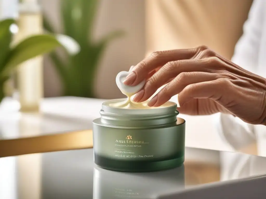 Manos maduras aplicando crema antiedad en piel radiante Manos aplicando crema antiaging a piel madura, resaltando belleza natural y cuidados de spa