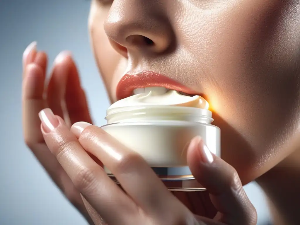 Manos aplicando crema de colágeno: textura y suavidad Manos aplicando crema de colágeno, resaltando textura y suavidad