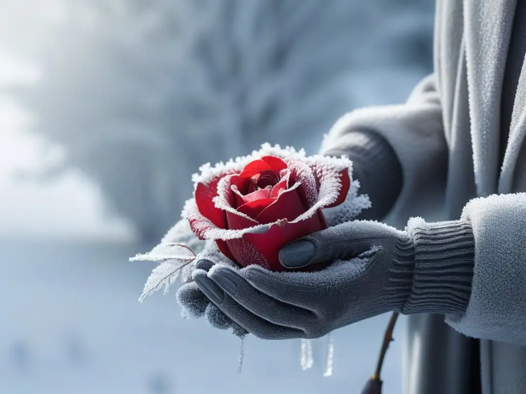 Manos cuidadosas sostienen rosa helada, belleza y fragilidad en invierno Manos cuidadosas sostienen rosa cubierta de escarcha, resaltando la belleza y fragilidad invernal