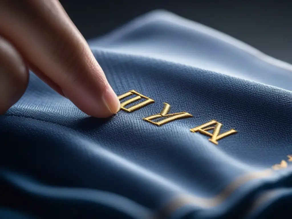 Examinando detalladamente etiqueta de ropa: lujo de símbolos y texturas Manos examinan con delicadeza etiqueta de ropa, resaltando detalles para compra consciente