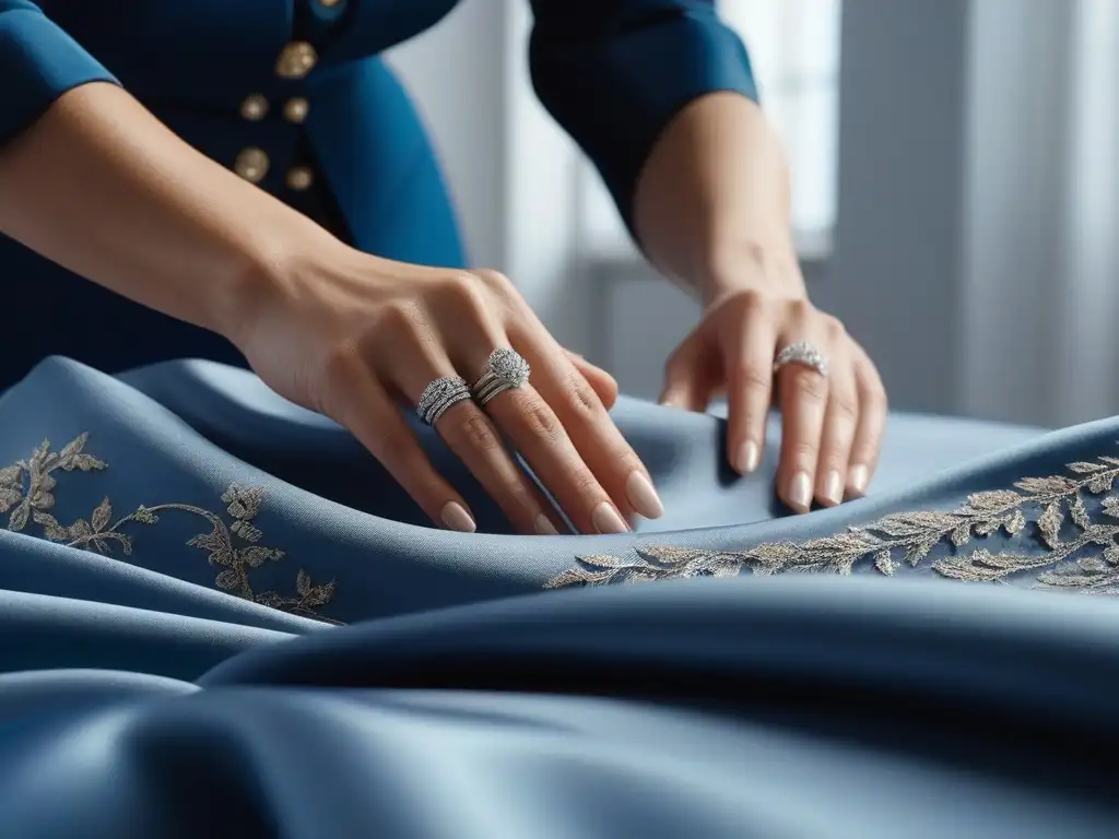 Detalles de la moda sostenible: manos expertas creando con precisión Manos de diseñadora de moda cosiendo telas de lujo, reflejando la responsabilidad en el proceso de creación