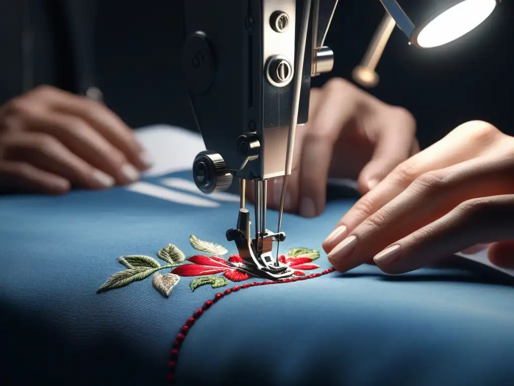 Arte textil: Diseñador de moda bordando con delicadeza Manos de diseñadora cosiendo tela lujosa con bordados detallados bajo suave iluminación