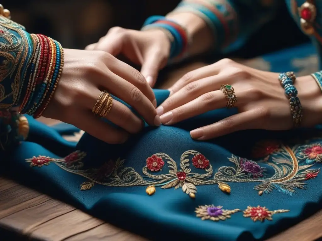 Manos cosiendo diseño colorido en tela, ambiente ecofriendly