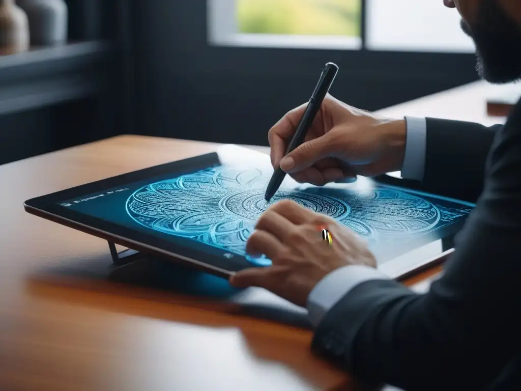 Diseño digital innovador: manos creando arte vibrante en tablet Manos dibujando diseño único en tablet, colores vibrantes y espacio moderno