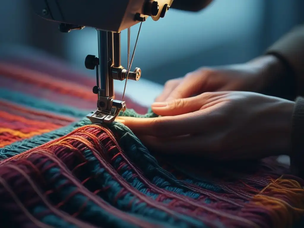 Manos cosiendo tela ecofriendly con hilos coloridos, reflejando la moda sostenible DIY tallas especiales