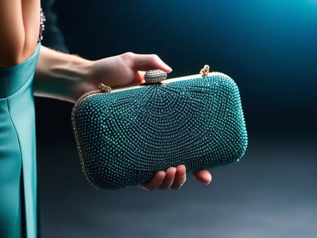 Clutch de diamantes brillantes en evento de moda Manos elegantes sostienen un clutch de diamantes brillantes en un evento de moda glamuroso