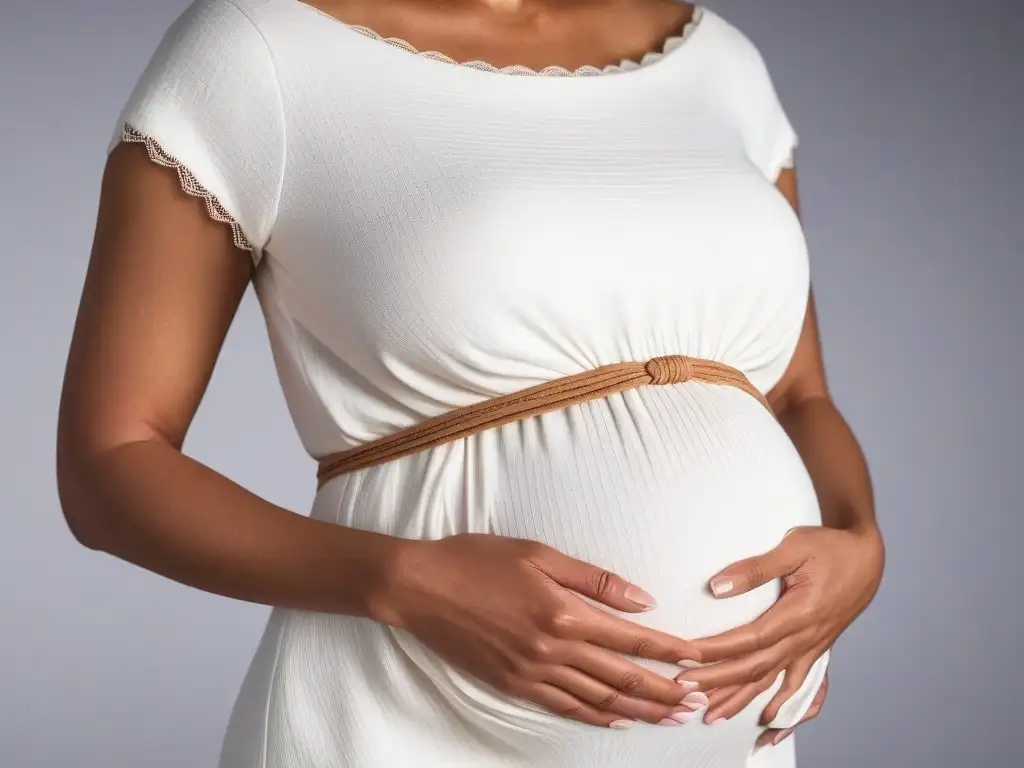 Delicadeza eco: Detalle de prenda maternidad sostenible en manos embarazada Manos embarazadas cuidadosamente acunando una prenda de ropa maternal sostenible hecha de materiales ecológicos