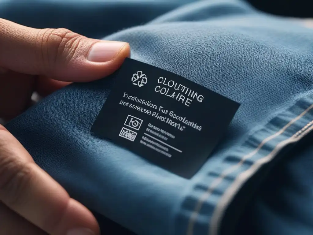 Exploración detallada de etiqueta eco-friendly en moda sostenible Manos examinan etiqueta de ropa compra consciente, con símbolos ecofriendly