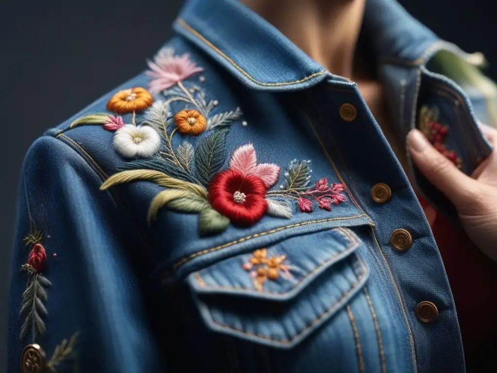 Transformación creativa: manos expertas reinventan una chaqueta denim Manos expertas transforman una chaqueta de mezclilla desgastada en una pieza única de moda