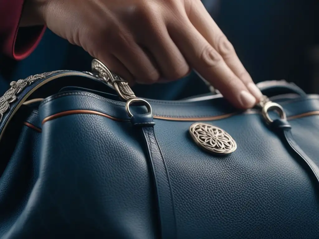 Artesano experto creando bolso de lujo con detalle Manos expertas en moda de lujo valorando singularidad al crear a mano un bolso, destacando detalle y artesanía