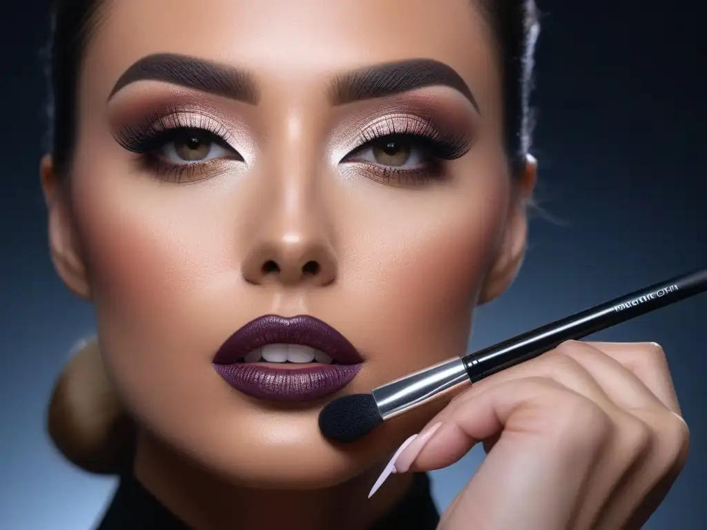 Maquillaje de lujo: arte y precisión en acción Manos expertas combinan productos belleza alta gama en rostro de modelo
