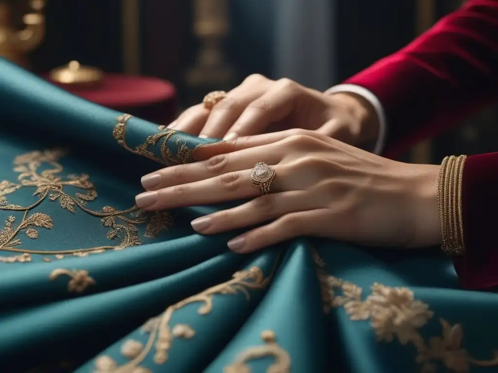 Artesanía textil: manos expertas cosiendo tela de lujo Las manos expertas de un sastre cosiendo una tela de lujo, reflejando cuidado en el detalle