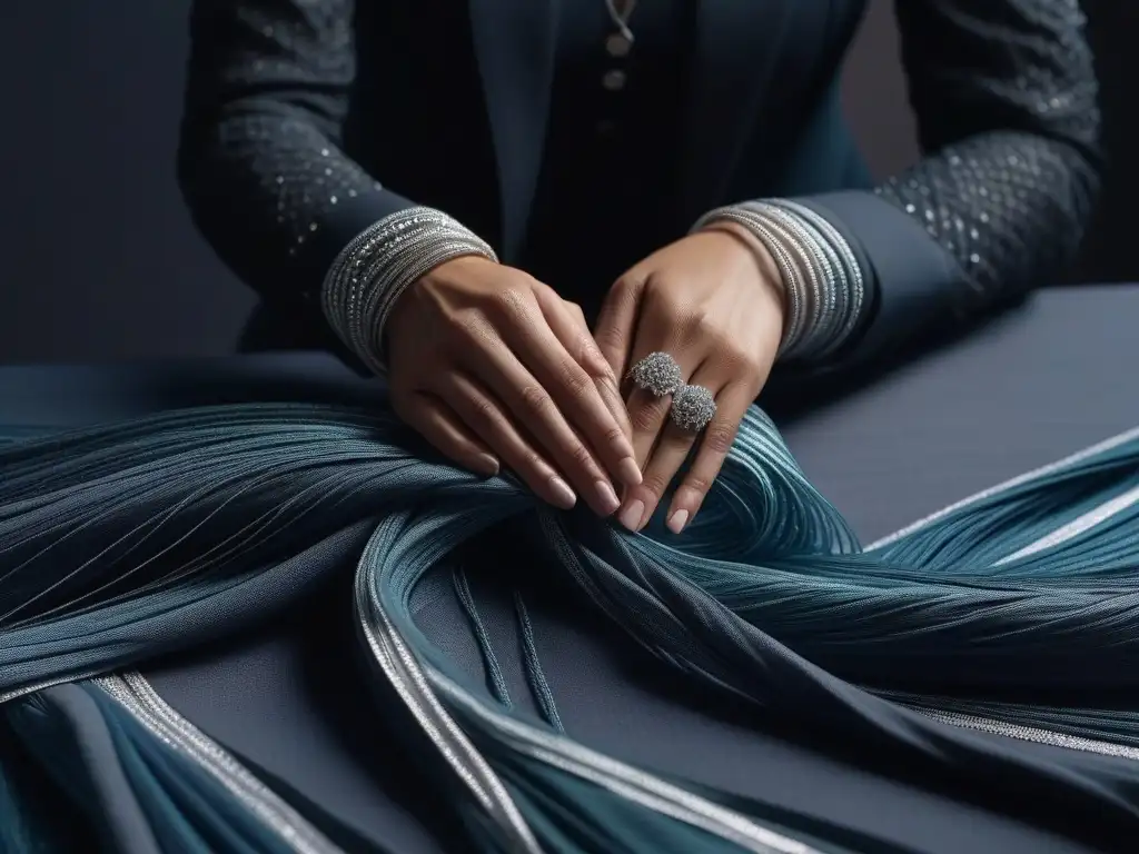 Artesano crea prenda zero waste con telas recicladas: detalle exquisito Manos expertas tejiendo tela reciclada para una prenda zero waste, certificaciones moda sostenible zero waste