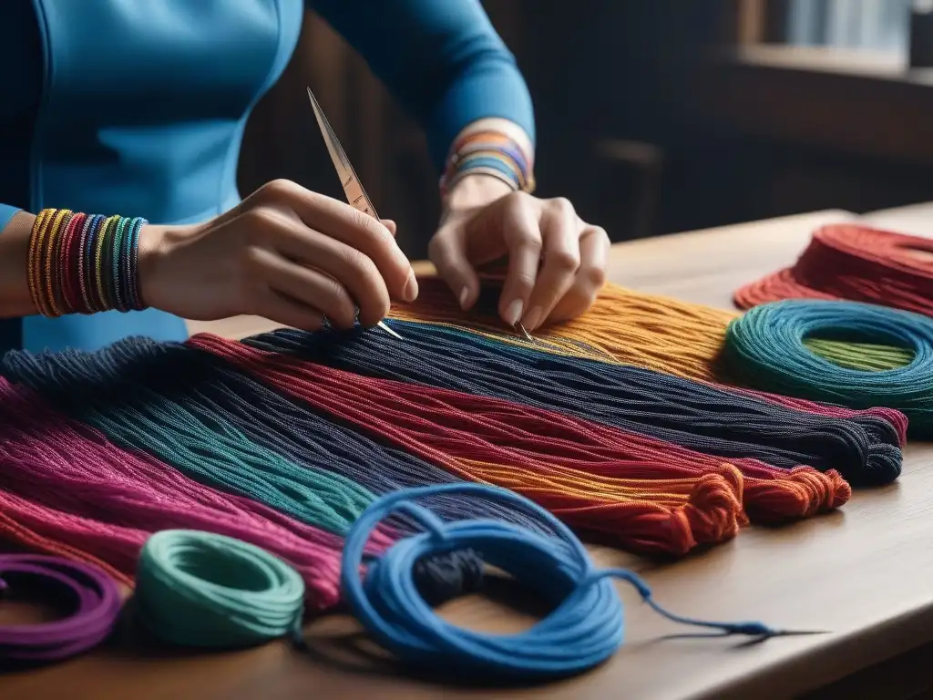 Arte en costura: manos expertas crean moda adaptativa Manos expertas cosiendo en tela vibrante, creando moda adaptativa para tallas especiales