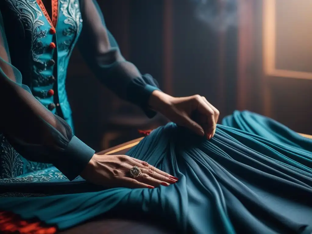 Artesanía de moda: costura detallada con pasión Manos expertas cosiendo tela vibrante para una prenda única, reflejando la narrativa de marca moda inclusiva con profesionalismo y dedicación