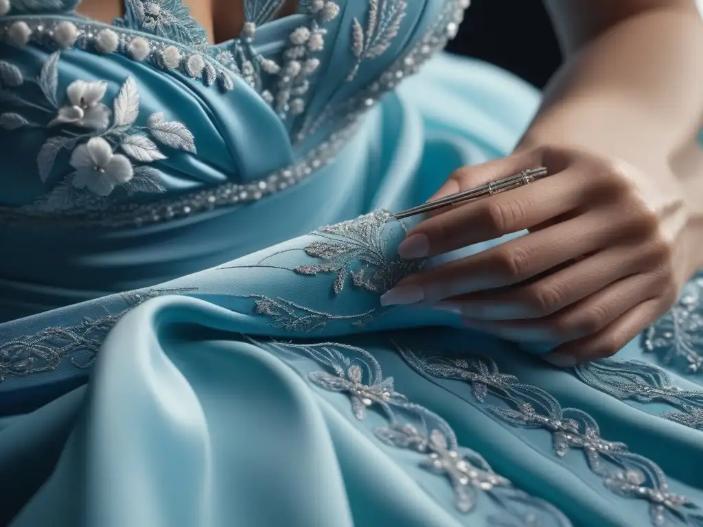 Restauración experta de vestido de diseñador Manos expertas reparan un vestido de diseñador, mostrando costura detallada y cuidado en prendas de lujo