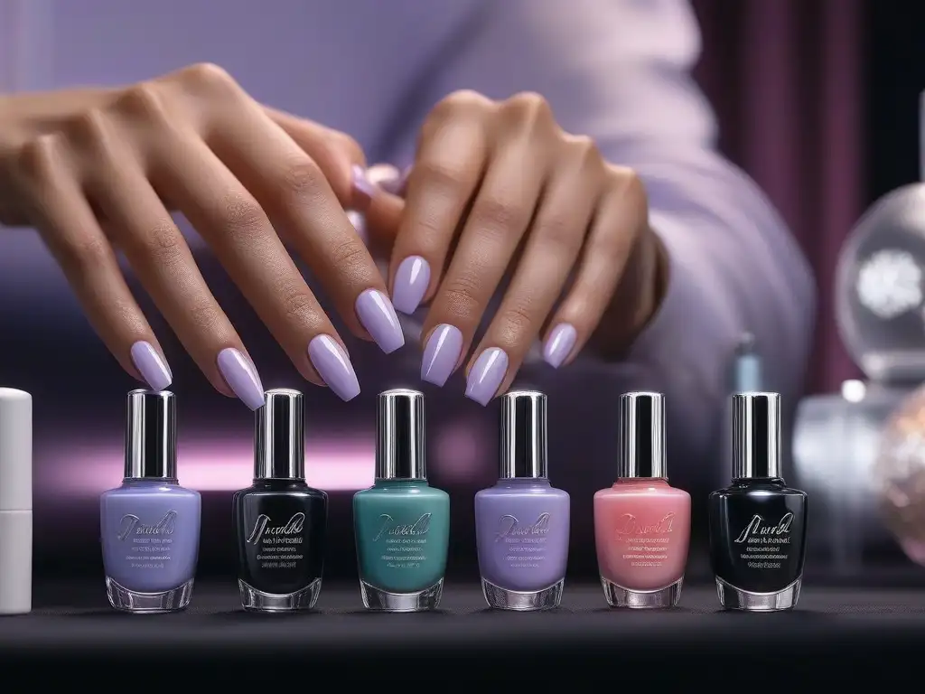 Manicura de lujo: detallada obra de arte en manos perfectamente cuidadas Manos femeninas con manicura de alta gama y productos de belleza uñas en primer plano
