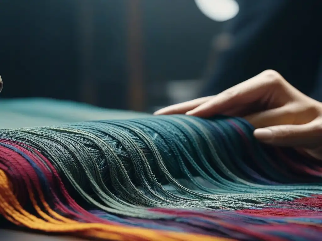 Artesano tejiendo moda sostenible con destreza Manos hábiles tejen con meticulosidad retazos de tela sostenible para crear moda inclusiva y sostenible en la economía circular