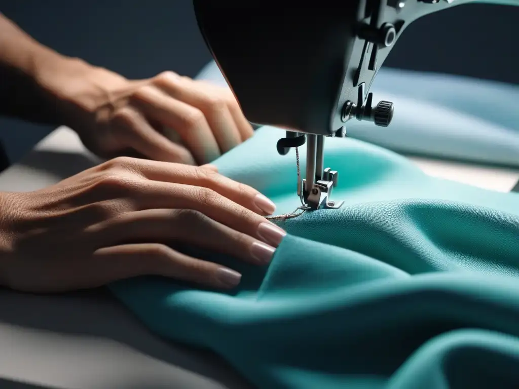 Unas manos hábiles cosen tela ecológica en tallas especiales, reflejando la dedicación a la moda sostenible DIY