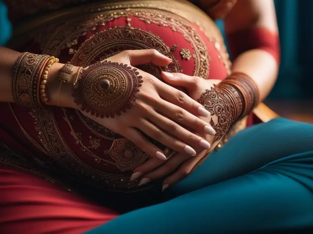 Manos embarazadas con diseños de henna: fuerza y maternidad Manos de mujer embarazada con diseños de henna, colores vibrantes y luz etérea