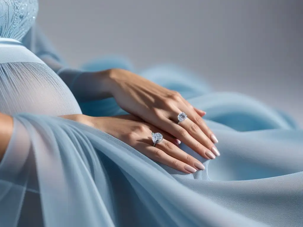 Manos de mujer embarazada sosteniendo tela innovadora y el brillo sutil de un anillo de compromiso