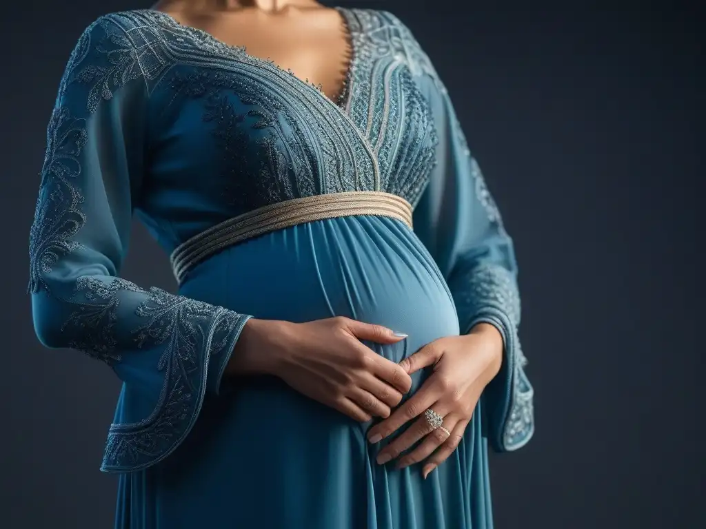 Vestido de maternidad sostenible: elegancia ecofriendly Manos de mujer embarazada sostienen vestido maternal sostenible